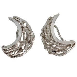 Vintage Silver Tone Modernist Abstract Openwork Crescent Moon Clip-On Earrings